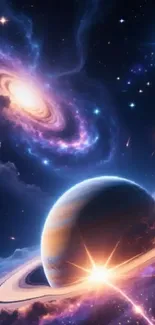 Cosmic space wallpaper with planets and galaxies.