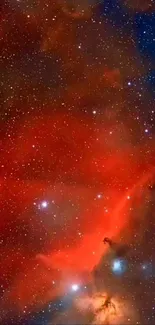 Vibrant red nebula with bright stars in a cosmic wallpaper.