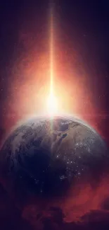 Cosmic sunrise over a dark planet with radiant light.