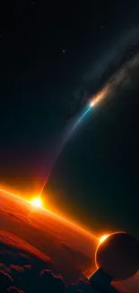 Cosmic sunrise with planet and galaxy in vibrant colors.