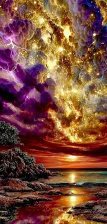 Vibrant cosmic sunset with galaxy colors.