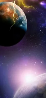 Vibrant cosmic wallpaper with planets and celestial lighting effects.