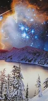 Cosmic winter scene with stars and snowy landscape.