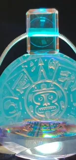 Intricate Aztec crystal artifact with glowing cyan color and etched symbols.