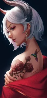 Artistic demon girl with vibrant colors and floral tattoo.