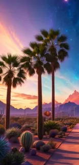 Beautiful desert landscape with palm trees and a starry sky at sunset.