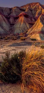 Golden brown desert mountains with sunlit rocky formations.