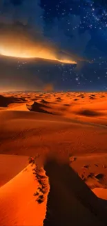 Desert dunes illuminated under a star-filled night sky.