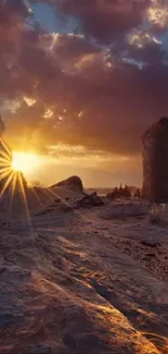 Majestic desert sunset with rock formations and golden sky.