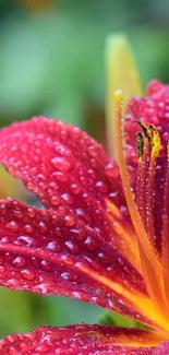 Stunning red lily with dewdrops in a lush green setting.