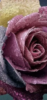 Close-up of a dewy, colorful rose with purple petals.