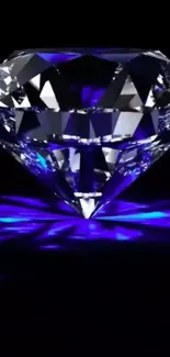 A radiant diamond with blue reflections on a black background.