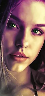 Artistic portrait with green eyes on a colorful phone wallpaper.