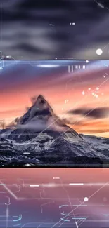 Digital mountain sunset with tech elements.