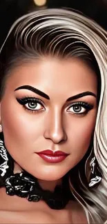 Digital art portrait of a woman with striking features and elegant style.