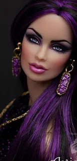 Glamorous doll with vibrant purple hair and stylish accessories.