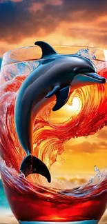 Dolphin jumping through sunset in a glass surreal wallpaper.