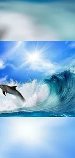 Dolphin leaping over a wave under a sunny sky.