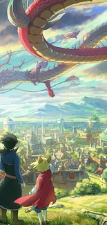 Anime fantasy cityscape with dragon flying overhead.