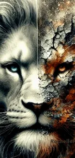 Split lion face art with dual textures.