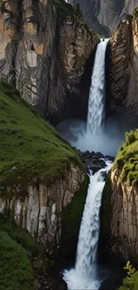 Dual waterfall cascading through lush green cliffs wallpaper.