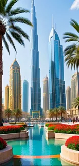 Dubai skyline with blue sky and palm trees in vibrant cityscape wallpaper.