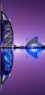 Purple-toned Dubai skyline with Burj Al Arab reflected in water.