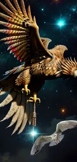 Artistic wallpaper of a soaring eagle in a starry night sky with cosmic elements.