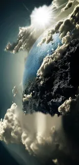 Earth with clouds and sunlight from space mobile wallpaper.