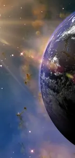 Mobile wallpaper featuring Earth with a galaxy and sunlit background.