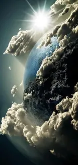 Dramatic Earth, clouds, sunburst wallpaper view from space.