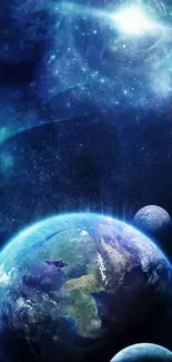 Earth and cosmic scene wallpaper with vibrant blue hues and distant planets.