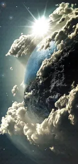 Earth with sun and clouds in space, mobile wallpaper.