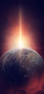 Celestial sunrise over Earth with radiant cosmic glow.