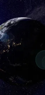 Stunning view of Earth at night with glowing city lights from space.