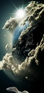 Stunning cloud-covered Earth with sunlight in space.