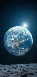 Beautiful view of Earth from the Moon with a starry sky.