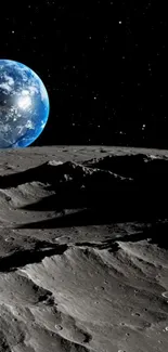 Earth rising over the moon with stars in view.