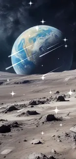 Earth and Moon viewed from the lunar surface with shooting stars in the background.