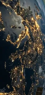 Vibrant view of Earth from space with glowing city lights.