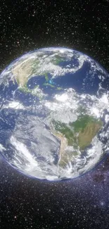 Vibrant Earth viewed from space with stars backdrop.