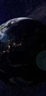 Earth viewed from space with city lights glowing against the night sky.