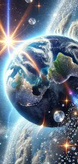Artistic Earth from space with vibrant cosmic elements.