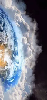 A stunning view of Earth surrounded by clouds in space.