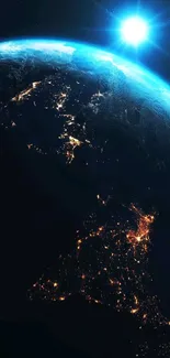 Stunning view of Earth from space with glowing city lights.