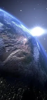 View of Earth from space with sunlight and stars.