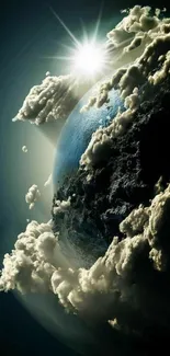 Earth in space with clouds and sunbeam