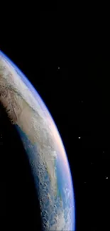 Earth viewed from space with stars and cosmic background.