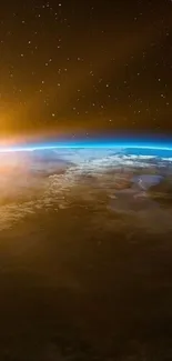 Spectacular sunrise over Earth from space, with vibrant sunlight and stars.