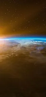Breathtaking view of Earth from space with a golden sunrise on the horizon.
